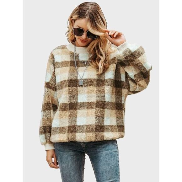 (Ju) Simplee Gingham Womens Sweater Size L Drop Shoulder Teddy Pullover Cream - Picture 1 of 8